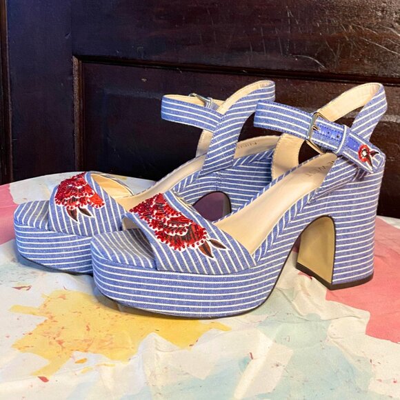 Nine West Blue & White Pinstripe Platform Heels - Picture 2 of 10